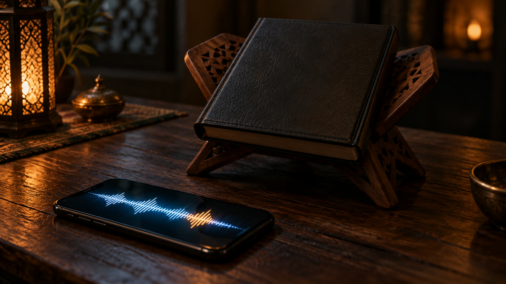 A closed mushaf resting on a carved wooden stand, with a phone in front showing the sound wave of a recitation, one part of it highlighted in amber