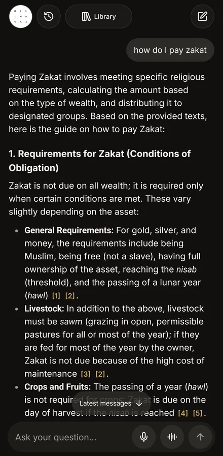 A Baseerah answer on mobile with numbered citations