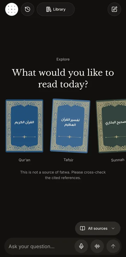 Baseerah mobile home asking what you would like to read today, with Qur’an, tafsir and Sunnah collections