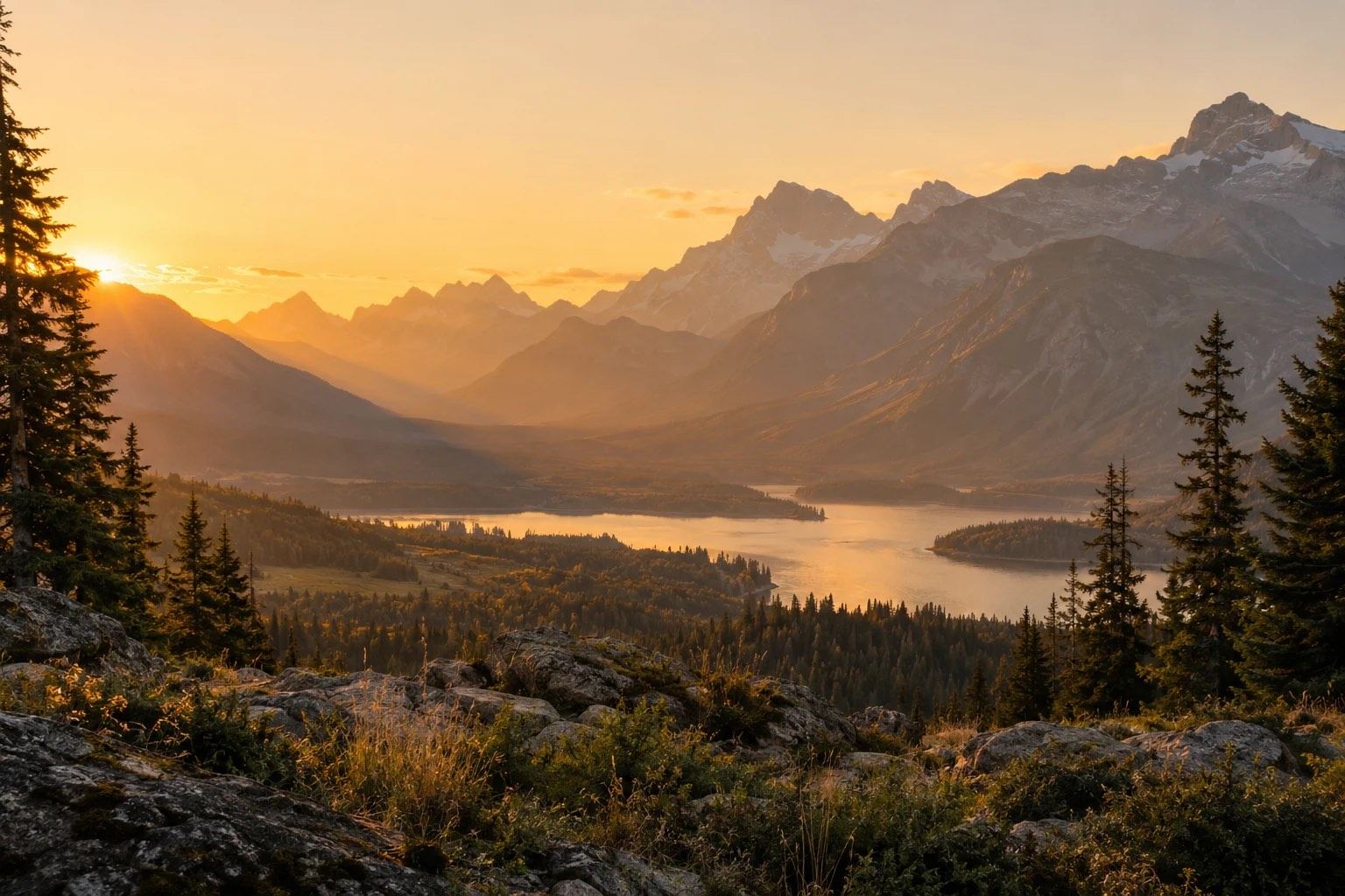An alpine valley and lake beneath mountains at sunrise