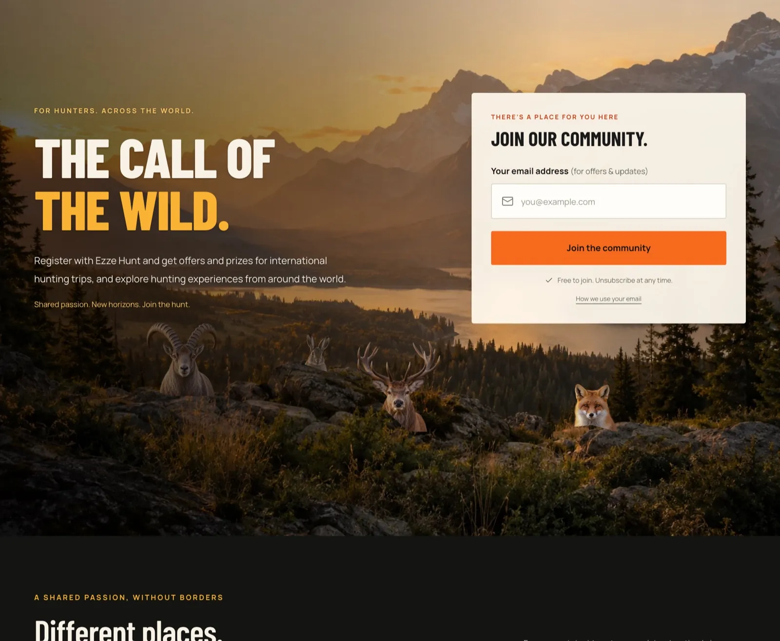 The Ezze Hunt homepage with its signup form over a wildlife scene