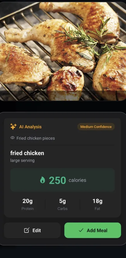 Haiiba AI meal analysis showing calories and macros