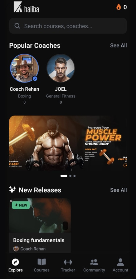 Haiiba explore screen showing popular coaches and new course releases