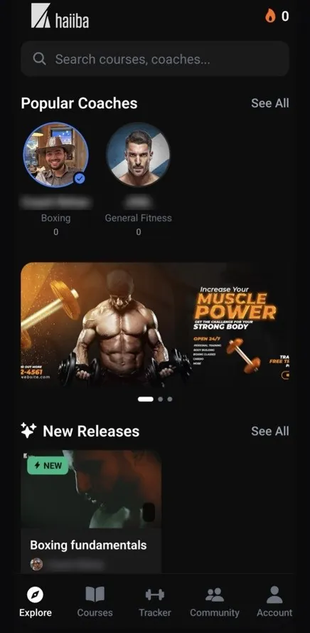 Haiiba explore screen showing popular coaches and new course releases