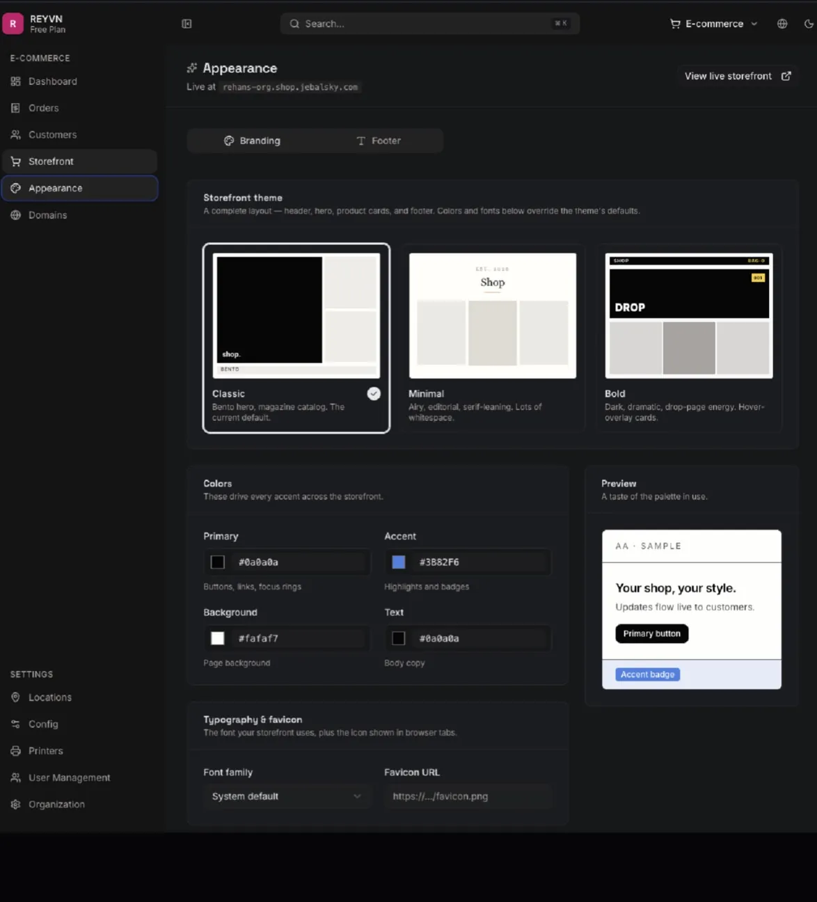 JebalSky storefront appearance settings with theme and colour options